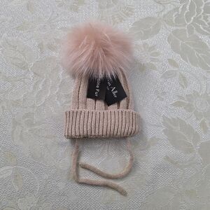Marcus Adler Raccoon Fur Knitted Pom Pom Beanie Baby Pink Tie Strings Winter Hat